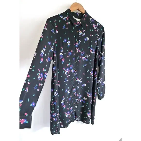 SEZANE Silk Black Pink Floral Print Long Sleeve Mini Shift Shirt Dress S $205 - Picture 1 of 11